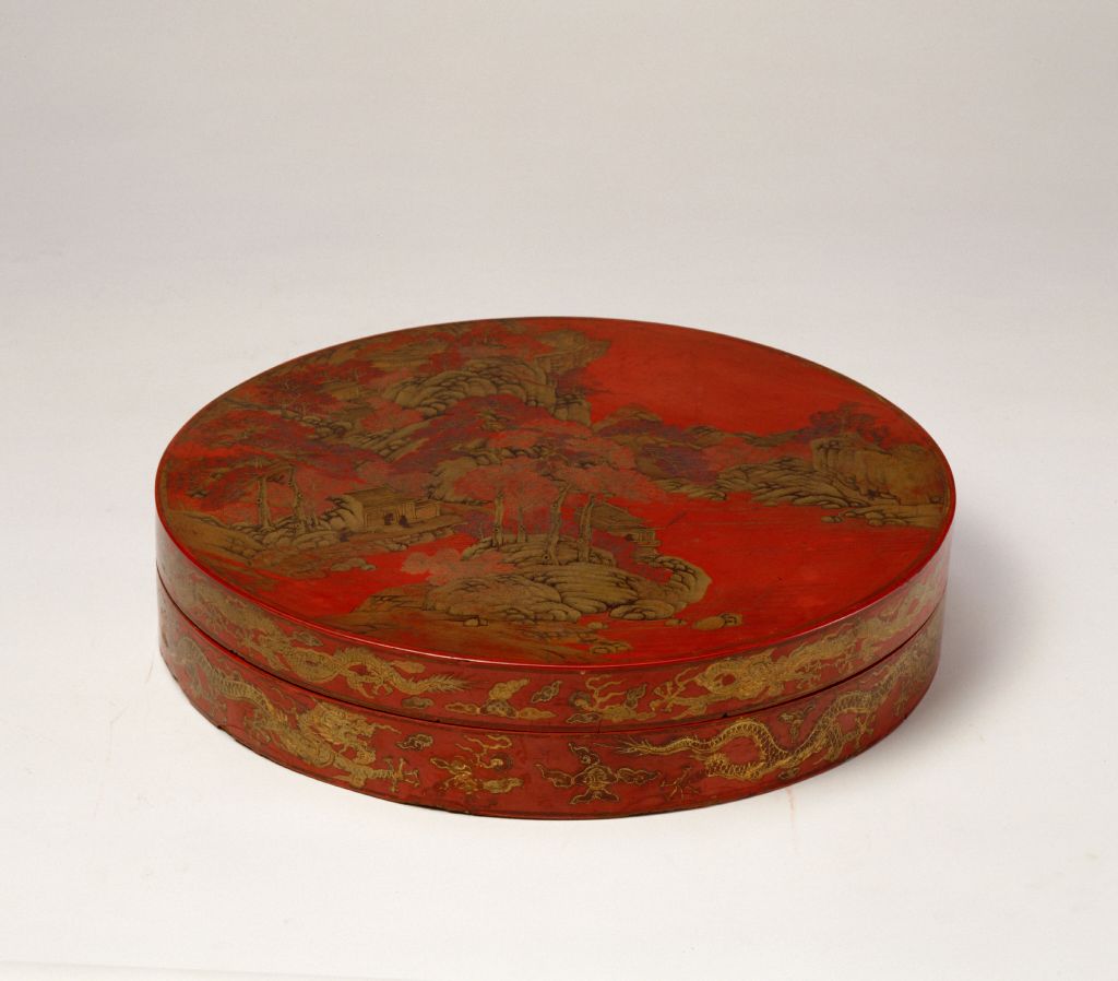 图片[1]-Round box with painted gold landscape figures-China Archive